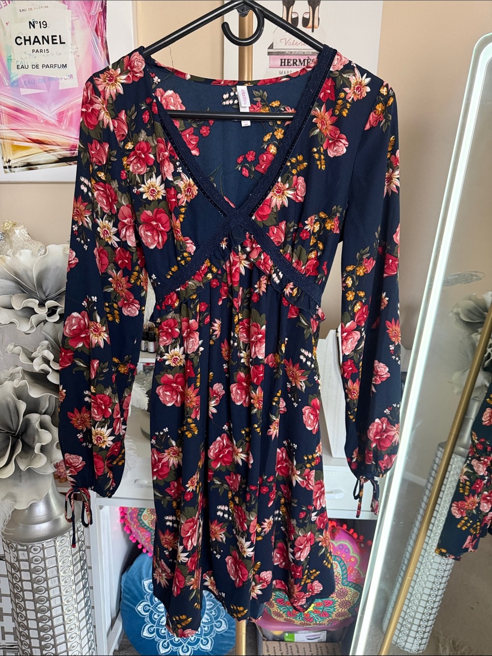 Xhilaration Navy Floral V-Neck Dress with Pink & Yellow Blooms